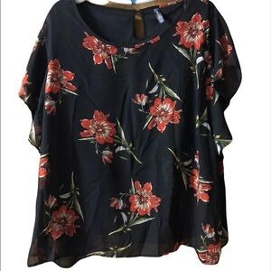 Massini Top Women’s Plus Size 3X Top 100% Polyester Black Floral Print‎